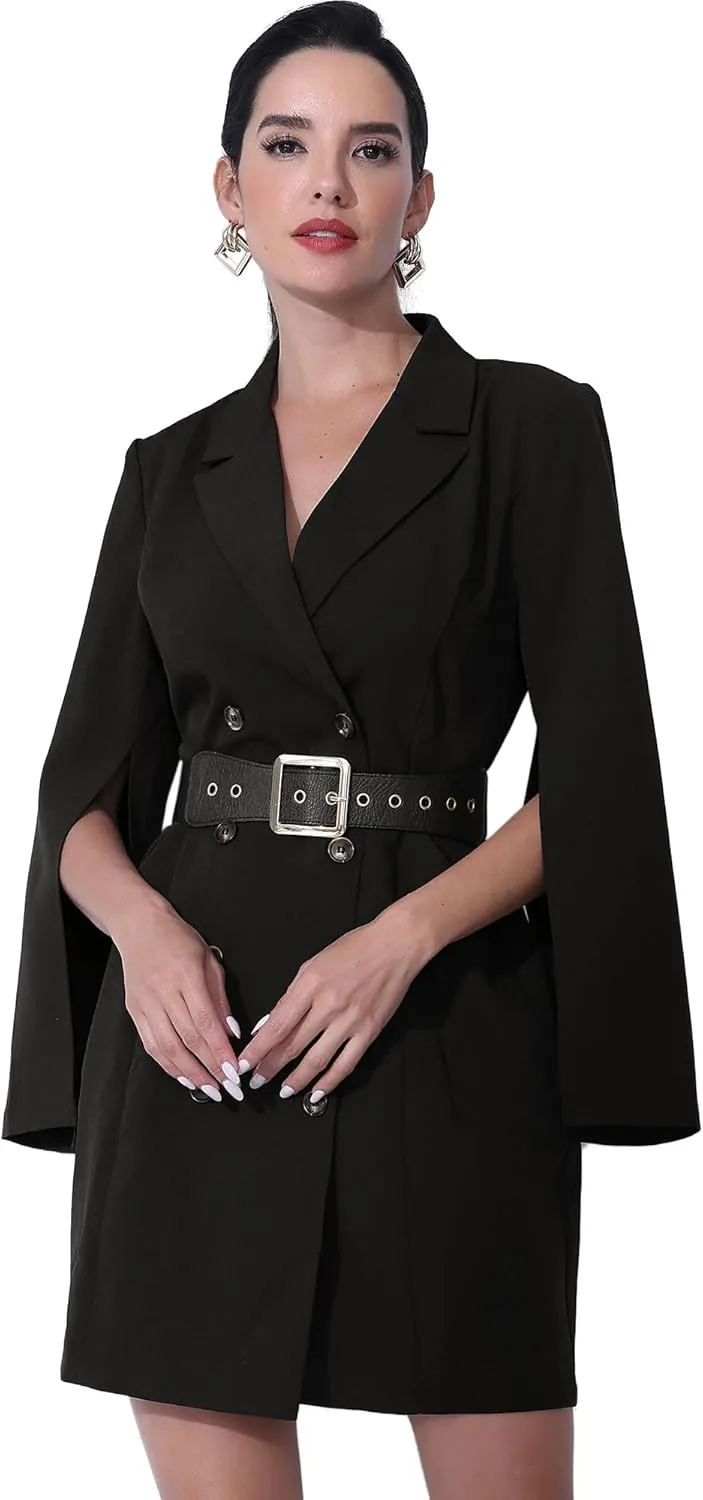 Allegra K Women's Work Dresses Business Slit Sleeve Belted Double Breasted Blazer Dress