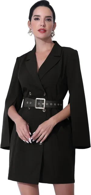 Allegra K Women's Work Dresses Business Slit Sleeve Belted Double Breasted Blazer Dress