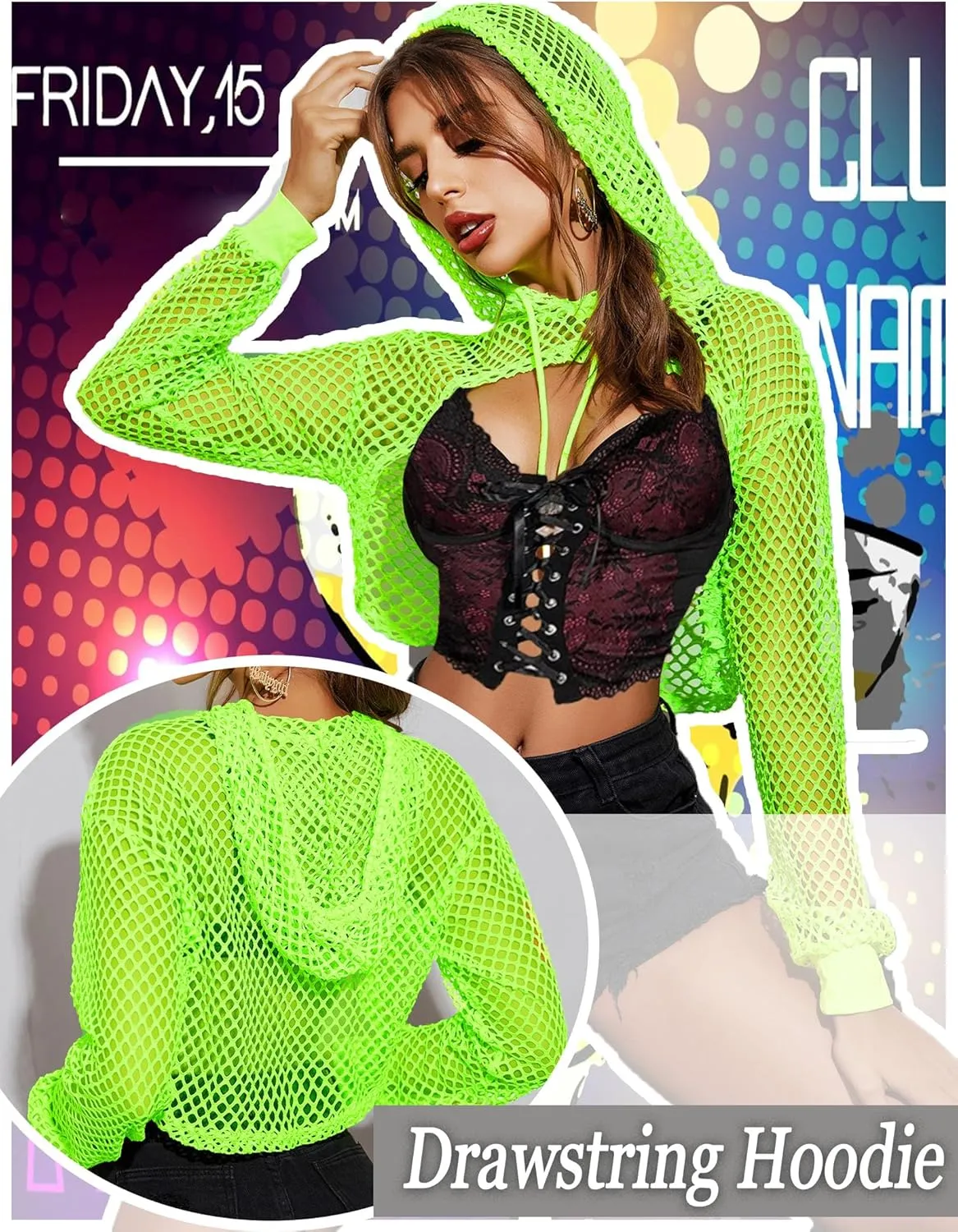 Avidlove Mesh Crop Top Hoodie Rave Tops For Women Long Sleeve Fishnet Shirt for Festival Club Party