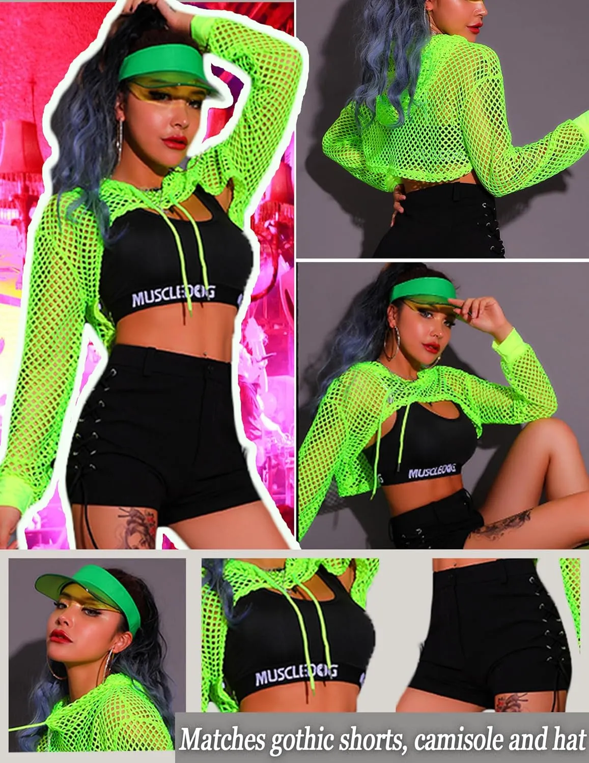 Avidlove Mesh Crop Top Hoodie Rave Tops For Women Long Sleeve Fishnet Shirt for Festival Club Party