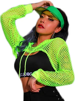 Avidlove Mesh Crop Top Hoodie Rave Tops For Women Long Sleeve Fishnet Shirt for Festival Club Party