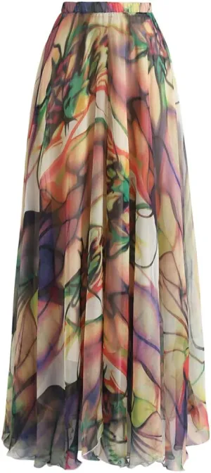 CHICWISH Women's Floral Watercolor Flower Maxi Floral Chiffon Slip Skirt