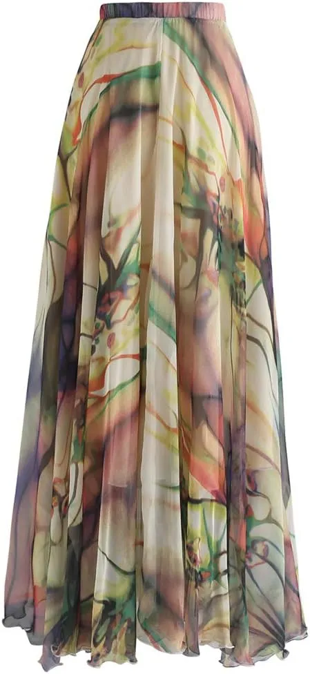 CHICWISH Women's Floral Watercolor Flower Maxi Floral Chiffon Slip Skirt