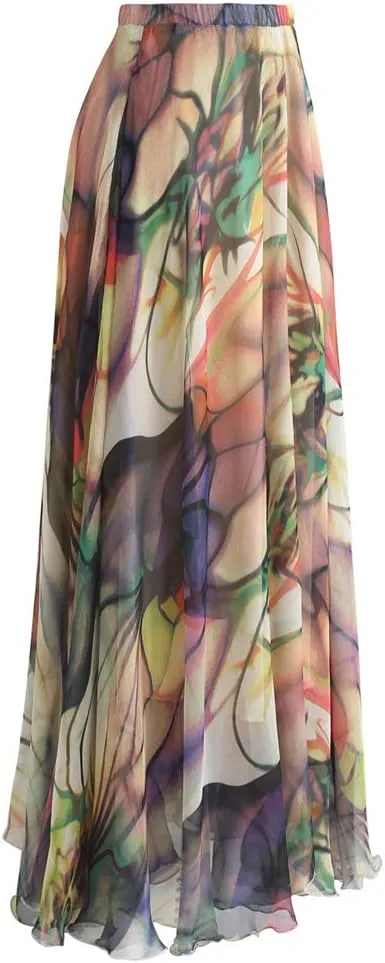 CHICWISH Women's Floral Watercolor Flower Maxi Floral Chiffon Slip Skirt
