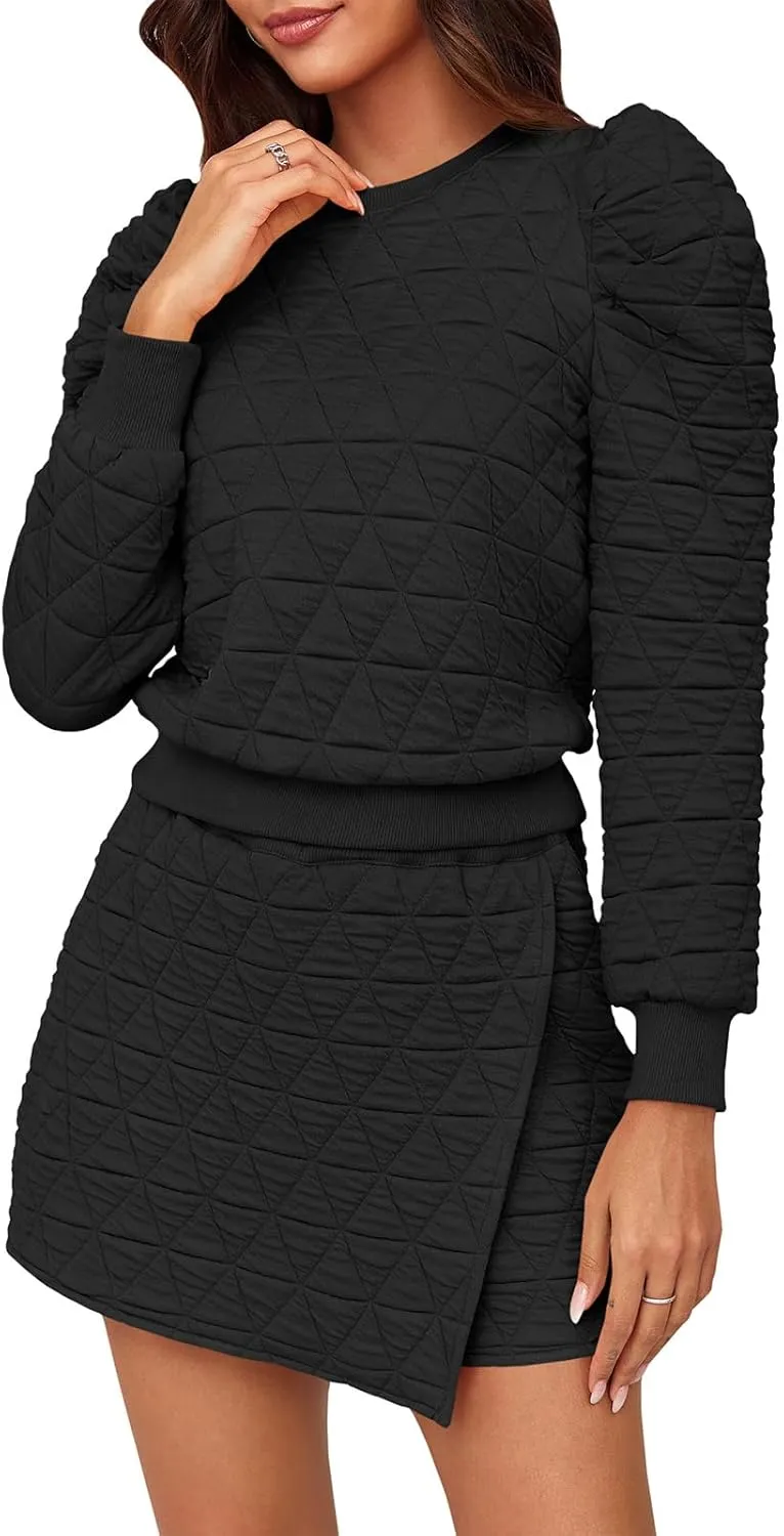Fisoew Women's 2 Piece Lounge Wear Set Long Sleeve Argyle Sweatshirts and Wrap Skorts Casual Sets