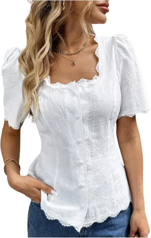 Floerns Women's Cute Short Puff Sleeve Blouse Square Neck Button Up Shirts