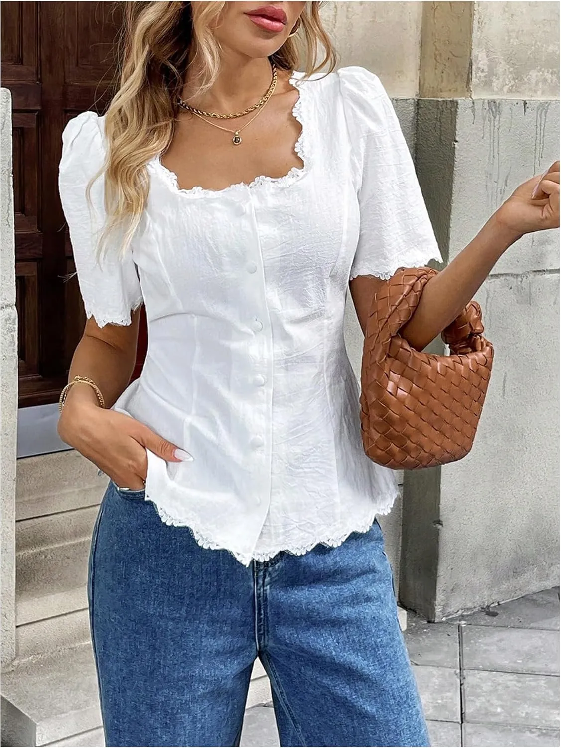 Floerns Women's Cute Short Puff Sleeve Blouse Square Neck Button Up Shirts