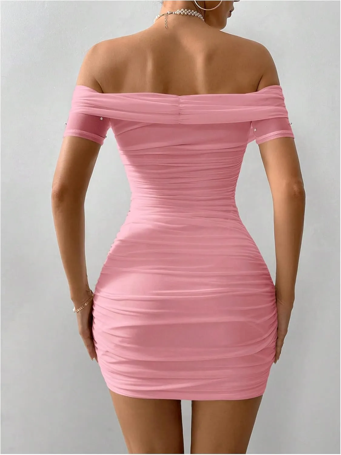 Floerns Women's Pearl Beaded Off Shoulder Short Dress Short Sleeve Bodycon Party Dresses