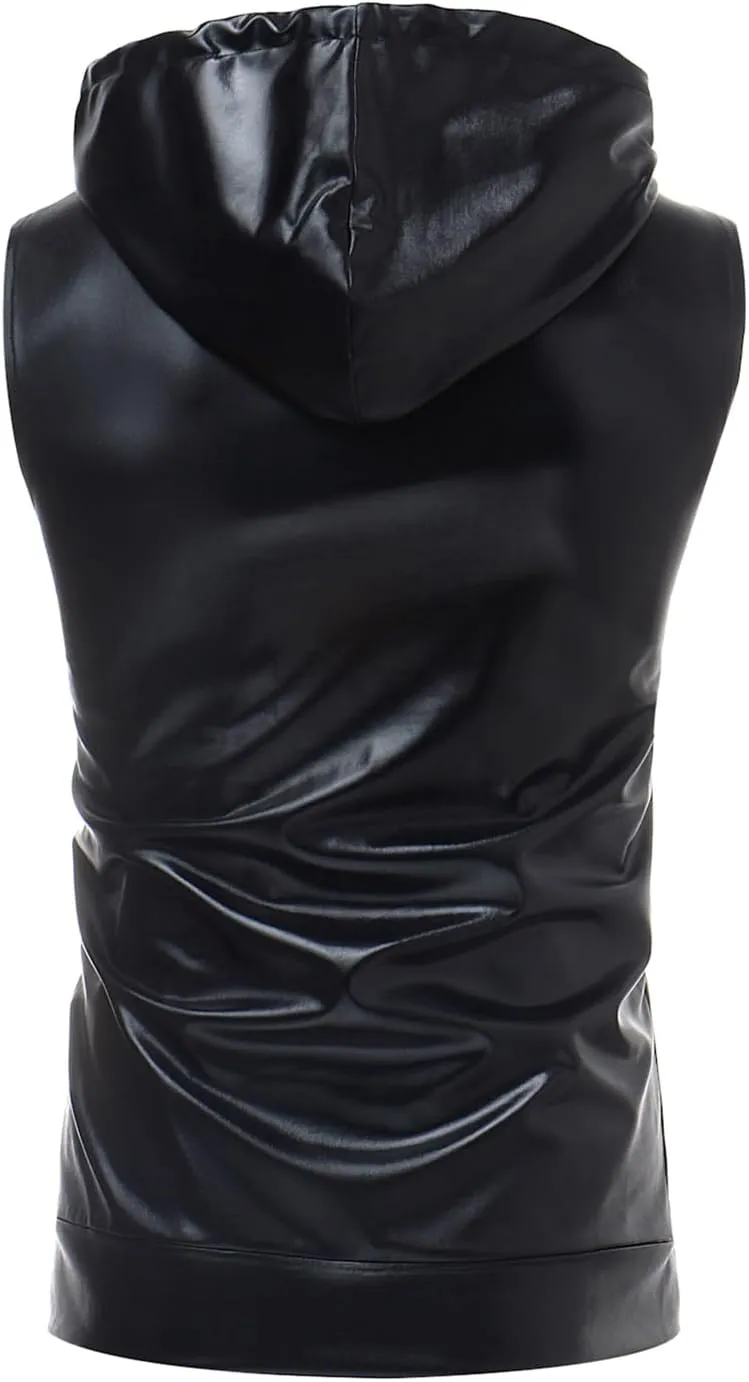 GRAJTCIN Metallic Sleeveless Hooded Vest for Men Zip Up Disco Vest Metallic Shirts