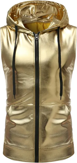 GRAJTCIN Metallic Sleeveless Hooded Vest for Men Zip Up Disco Vest Metallic Shirts