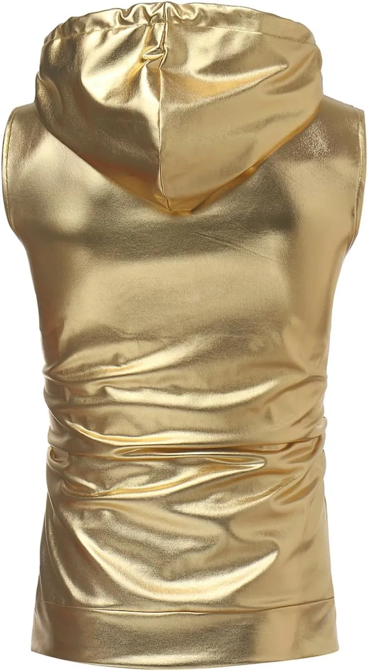 GRAJTCIN Metallic Sleeveless Hooded Vest for Men Zip Up Disco Vest Metallic Shirts