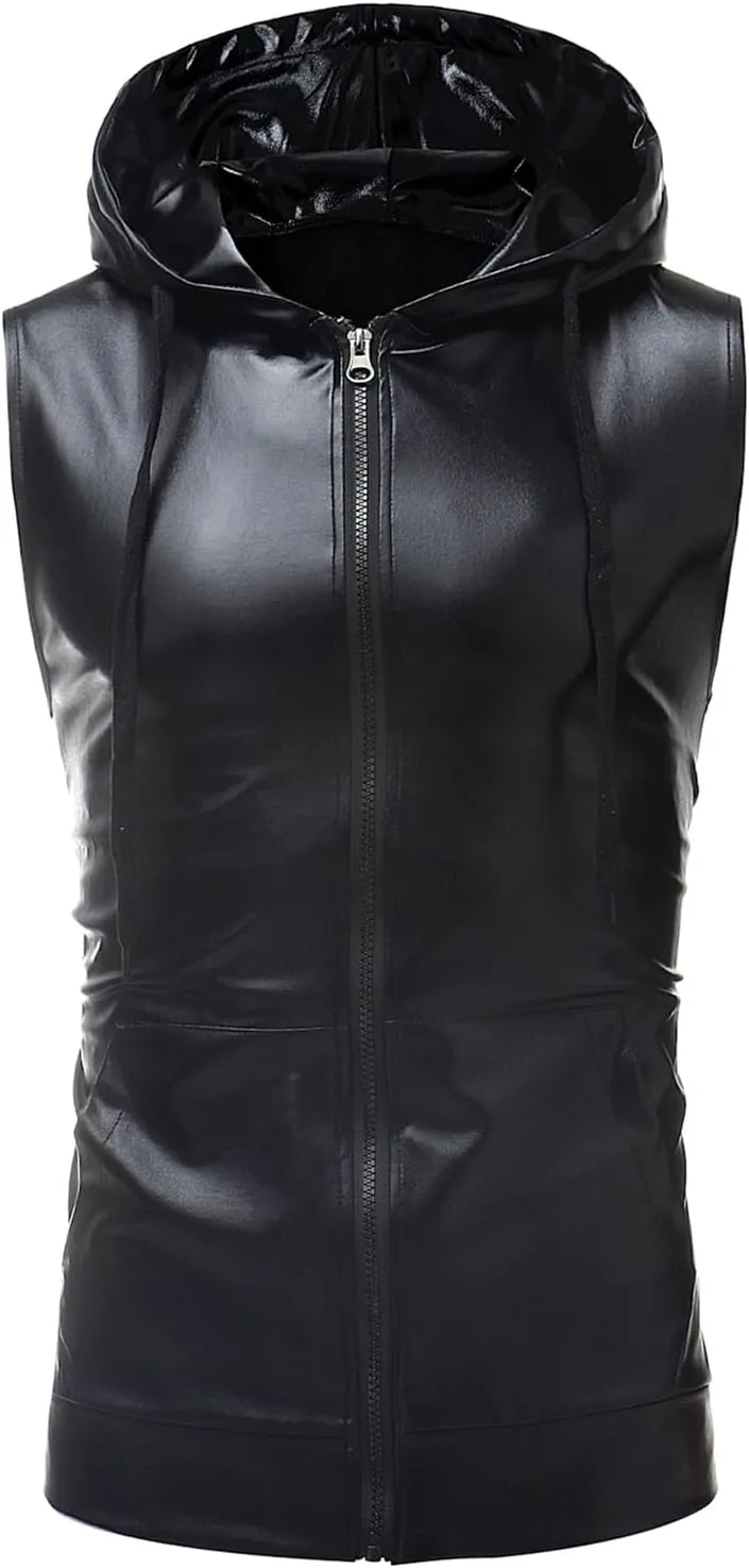 GRAJTCIN Metallic Sleeveless Hooded Vest for Men Zip Up Disco Vest Metallic Shirts