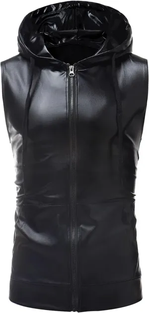 GRAJTCIN Metallic Sleeveless Hooded Vest for Men Zip Up Disco Vest Metallic Shirts