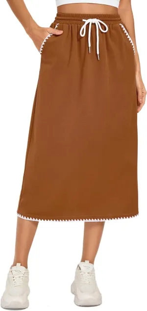Kate Kasin Womens High Waisted Midi Skirt with Slit Elastic Drawstring Casual Skirt with Pockets