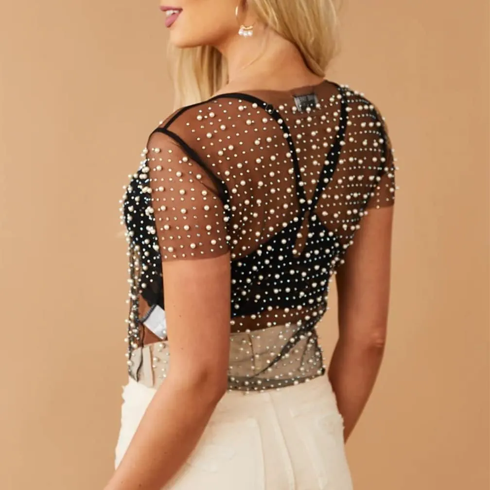 LOFAAC Women Sexy Pearl Rhinestone Beaded Sheer Mesh Crop Tee Shirt Slim Fit Short Sleeve See Through Cover Up Crop Top