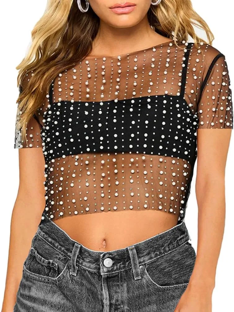 LOFAAC Women Sexy Pearl Rhinestone Beaded Sheer Mesh Crop Tee Shirt Slim Fit Short Sleeve See Through Cover Up Crop Top