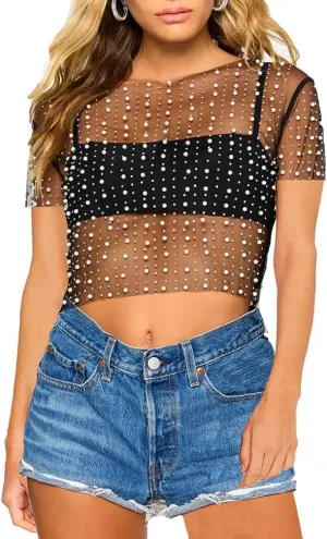 LOFAAC Women Sexy Pearl Rhinestone Beaded Sheer Mesh Crop Tee Shirt Slim Fit Short Sleeve See Through Cover Up Crop Top