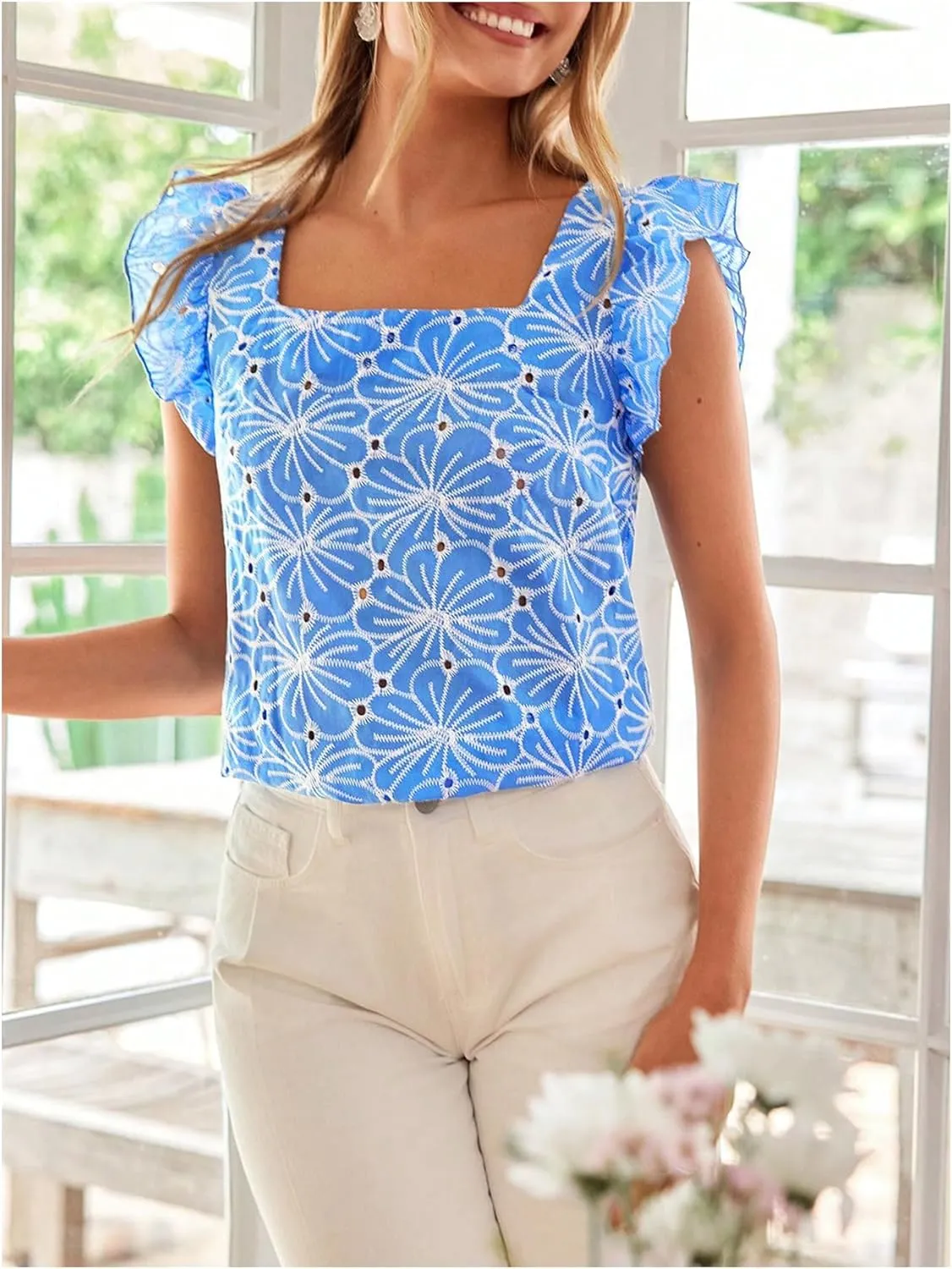MakeMeChic Women's Floral Print Blouse Flutter Sleeve Ruffle Square Neck Summer Boho Shirt