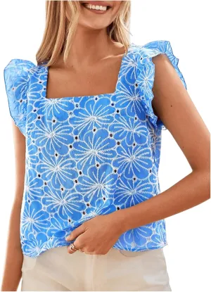 MakeMeChic Women's Floral Print Blouse Flutter Sleeve Ruffle Square Neck Summer Boho Shirt
