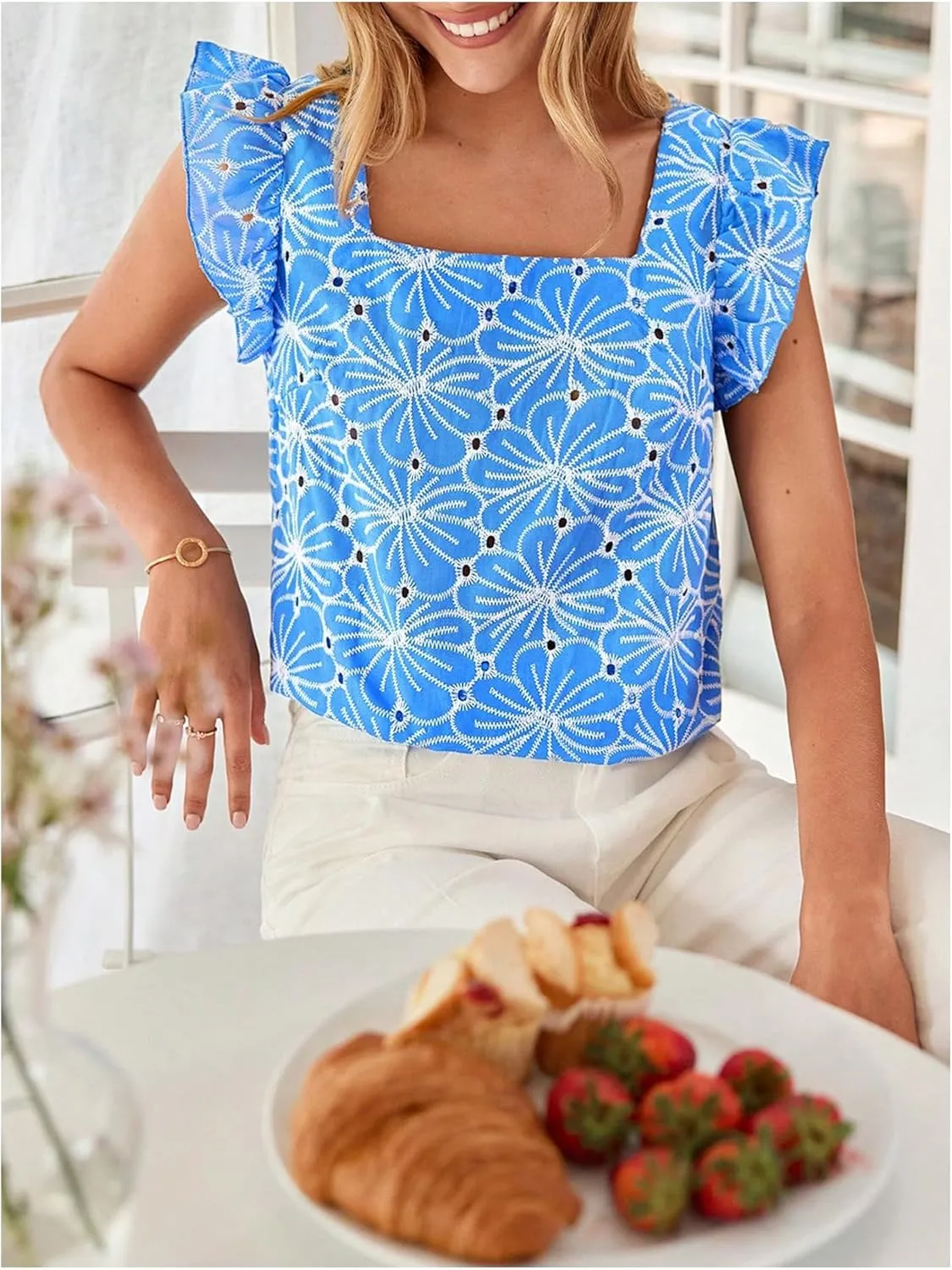 MakeMeChic Women's Floral Print Blouse Flutter Sleeve Ruffle Square Neck Summer Boho Shirt