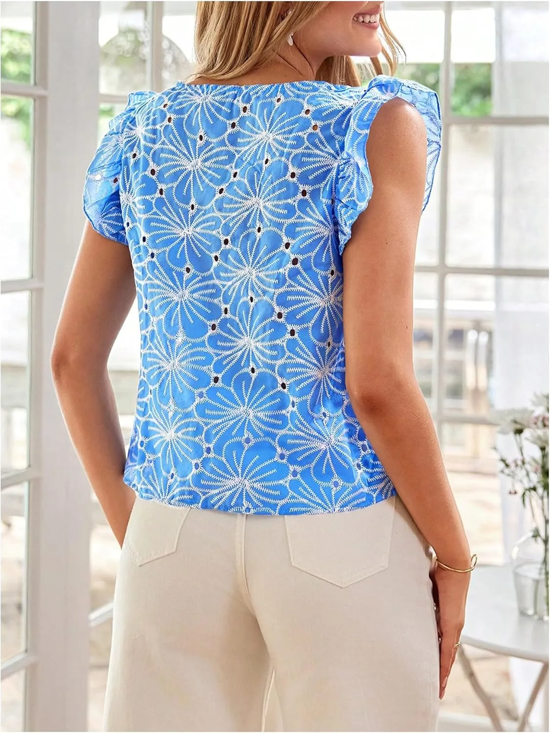 MakeMeChic Women's Floral Print Blouse Flutter Sleeve Ruffle Square Neck Summer Boho Shirt