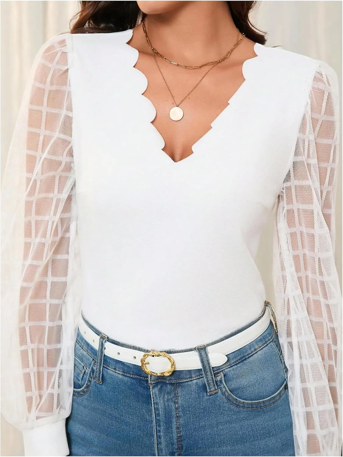MakeMeChic Women's Lace Long Sleeve Tops Sheer Mesh Scallop Trim V Neck Blouse Shirt