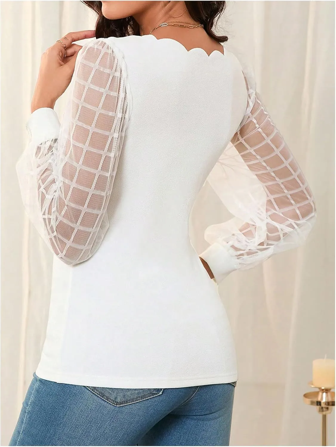 MakeMeChic Women's Lace Long Sleeve Tops Sheer Mesh Scallop Trim V Neck Blouse Shirt
