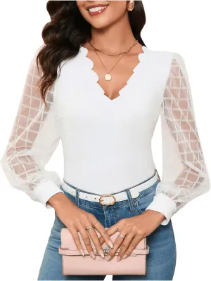 MakeMeChic Women's Lace Long Sleeve Tops Sheer Mesh Scallop Trim V Neck Blouse Shirt
