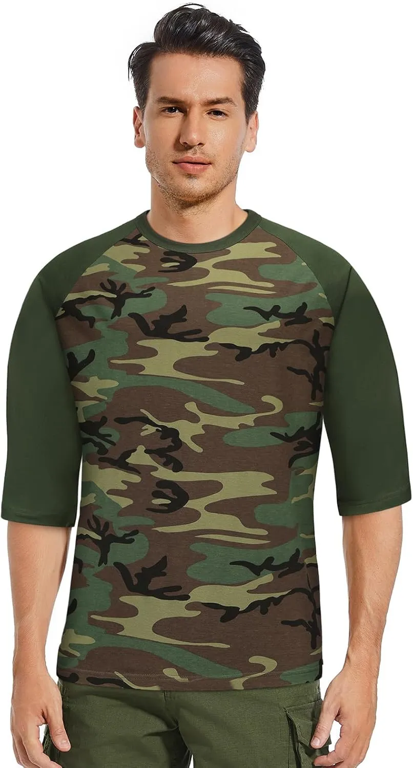 Men's Camo 3/4 Sleeve T-Shirt, Cotton Polyester Blend T-Shirt, Lightweight Men's Camouflage Shirt for Outdoor Adventures