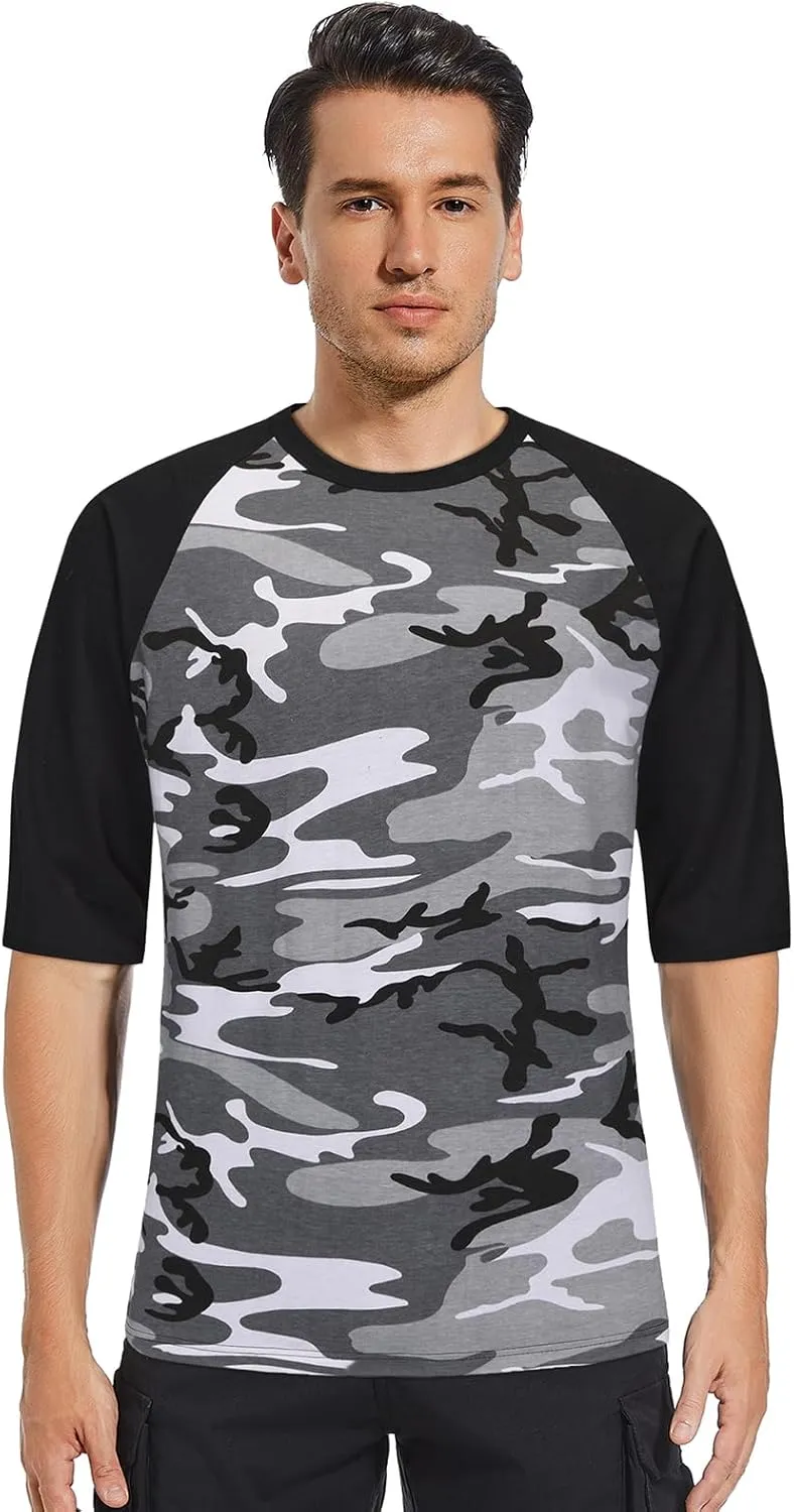 Men's Camo 3/4 Sleeve T-Shirt, Cotton Polyester Blend T-Shirt, Lightweight Men's Camouflage Shirt for Outdoor Adventures