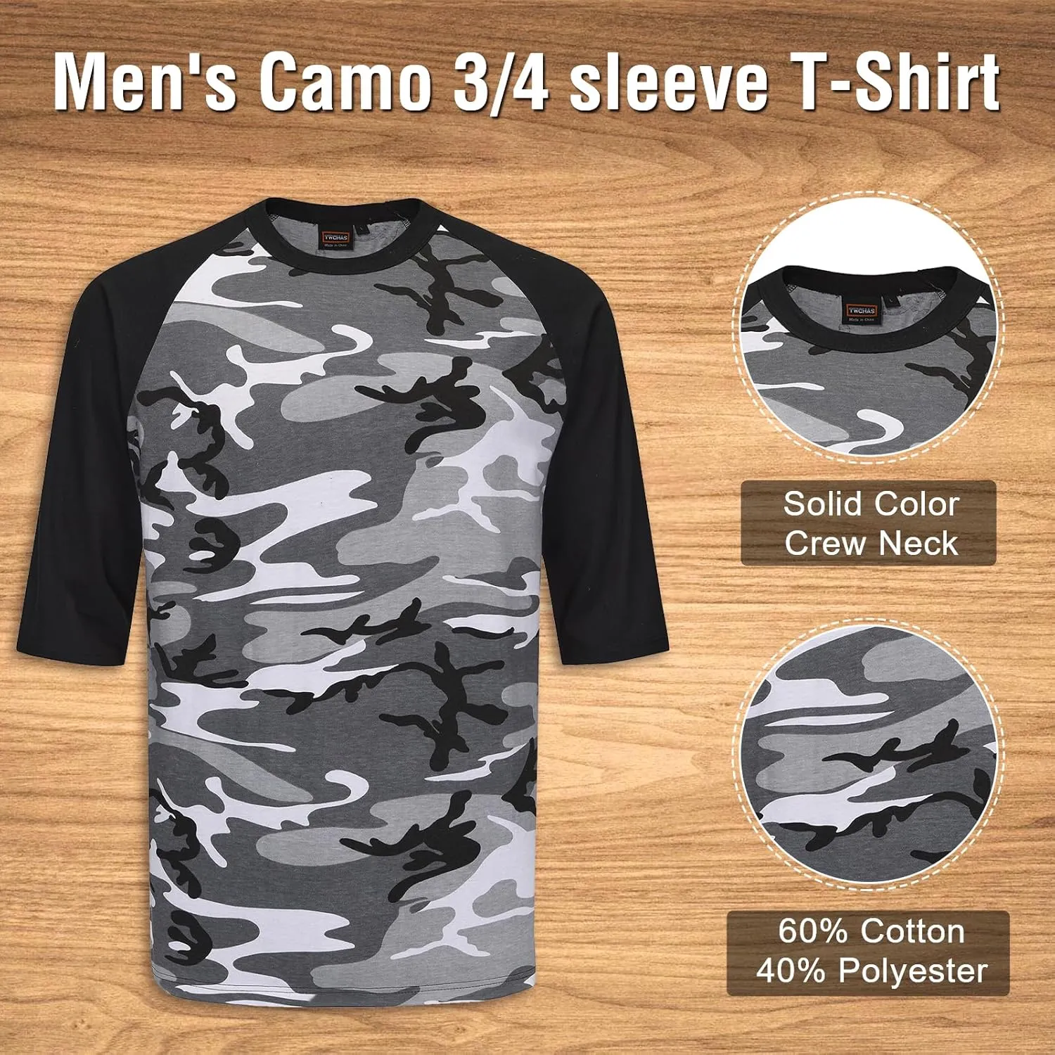 Men's Camo 3/4 Sleeve T-Shirt, Cotton Polyester Blend T-Shirt, Lightweight Men's Camouflage Shirt for Outdoor Adventures