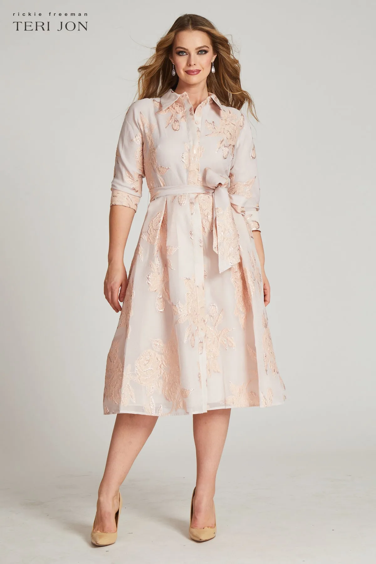Metallic Jacquard Shirt Dress with Floral Print