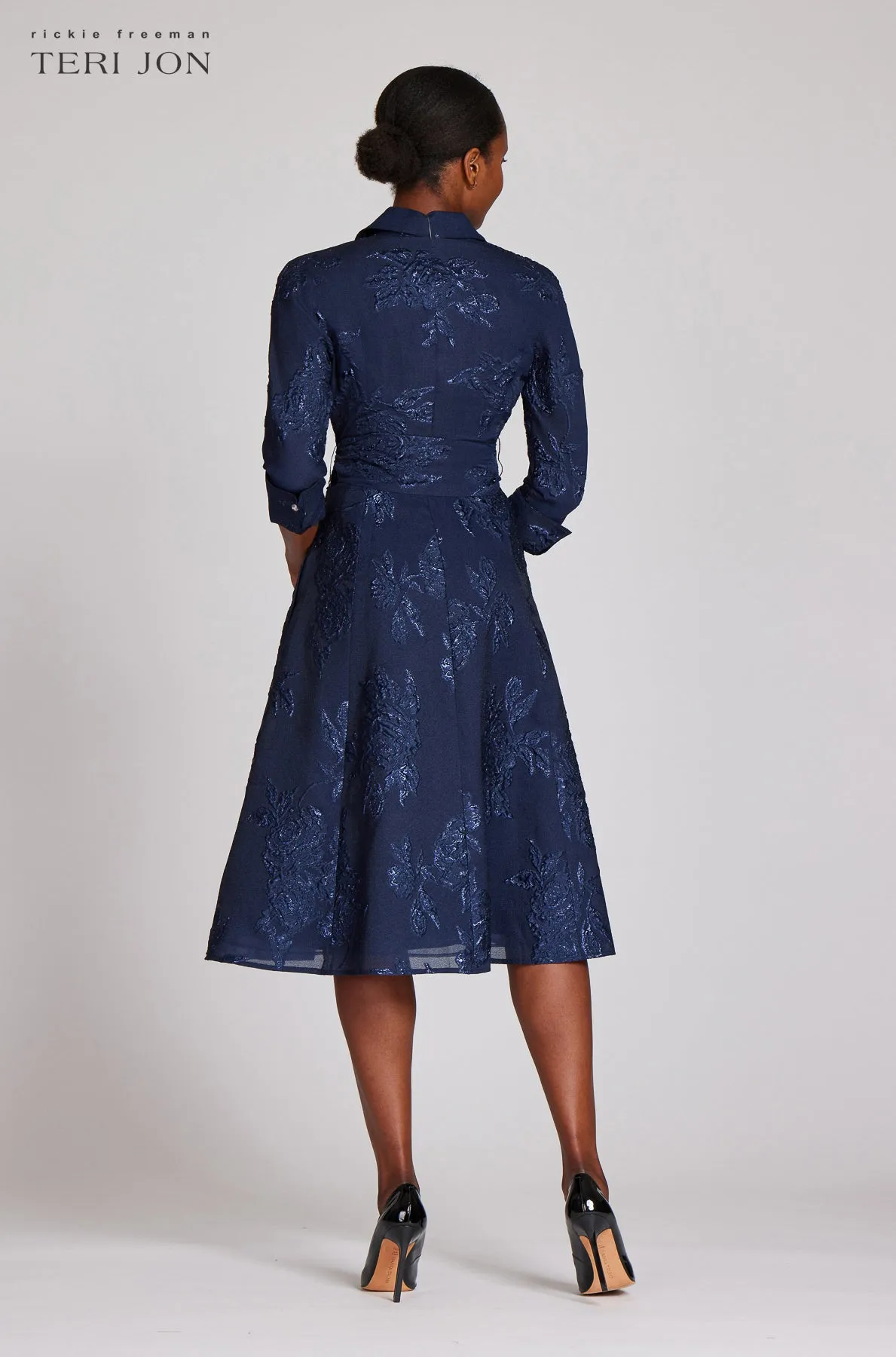 Metallic Jacquard Shirt Dress with Floral Print