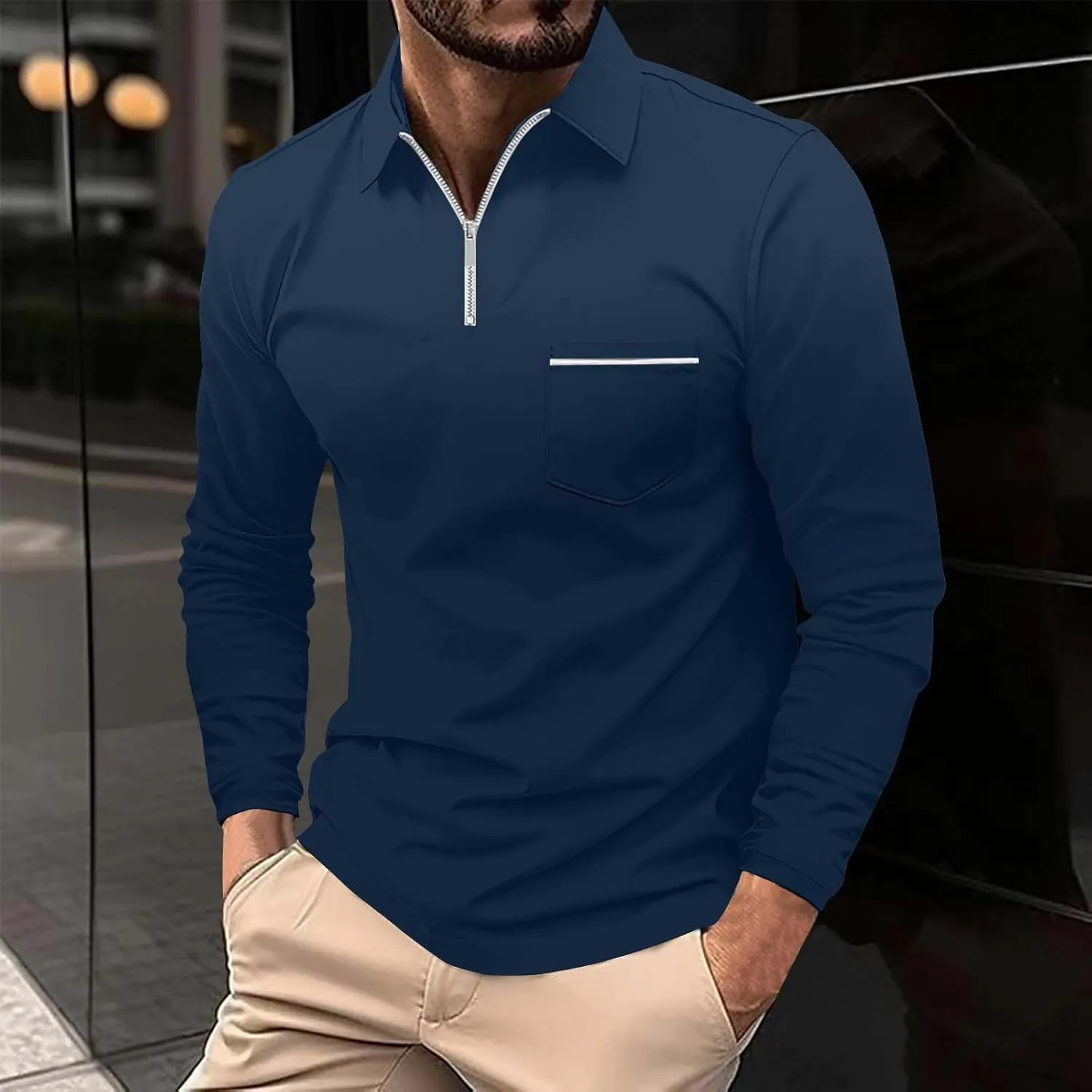 Muscularfit Men's Polo Shirts Long Sleeve Zipper Golf Shirt Lightweight Solid Collared Tshirt Causal Pullover Tops Henley Tee