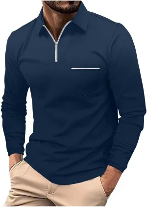 Muscularfit Men's Polo Shirts Long Sleeve Zipper Golf Shirt Lightweight Solid Collared Tshirt Causal Pullover Tops Henley Tee