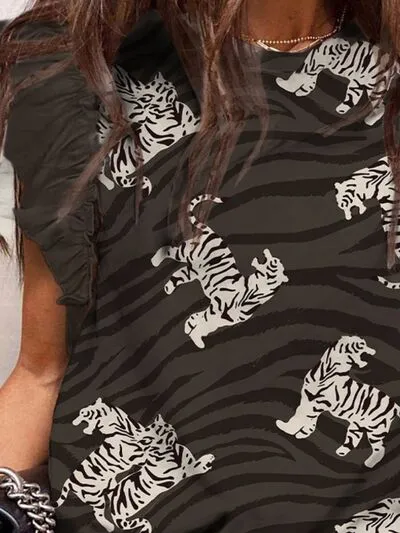TEEK - Black Ruffled Feline Print Blouse