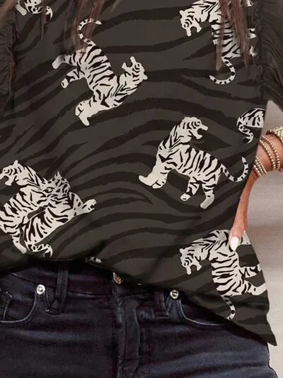 TEEK - Black Ruffled Feline Print Blouse