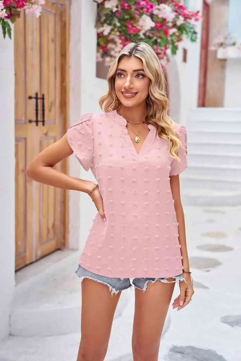 TEEK - Swiss Dot Petal Sleeve Notched Top