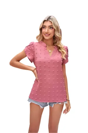 TEEK - Swiss Dot Petal Sleeve Notched Top