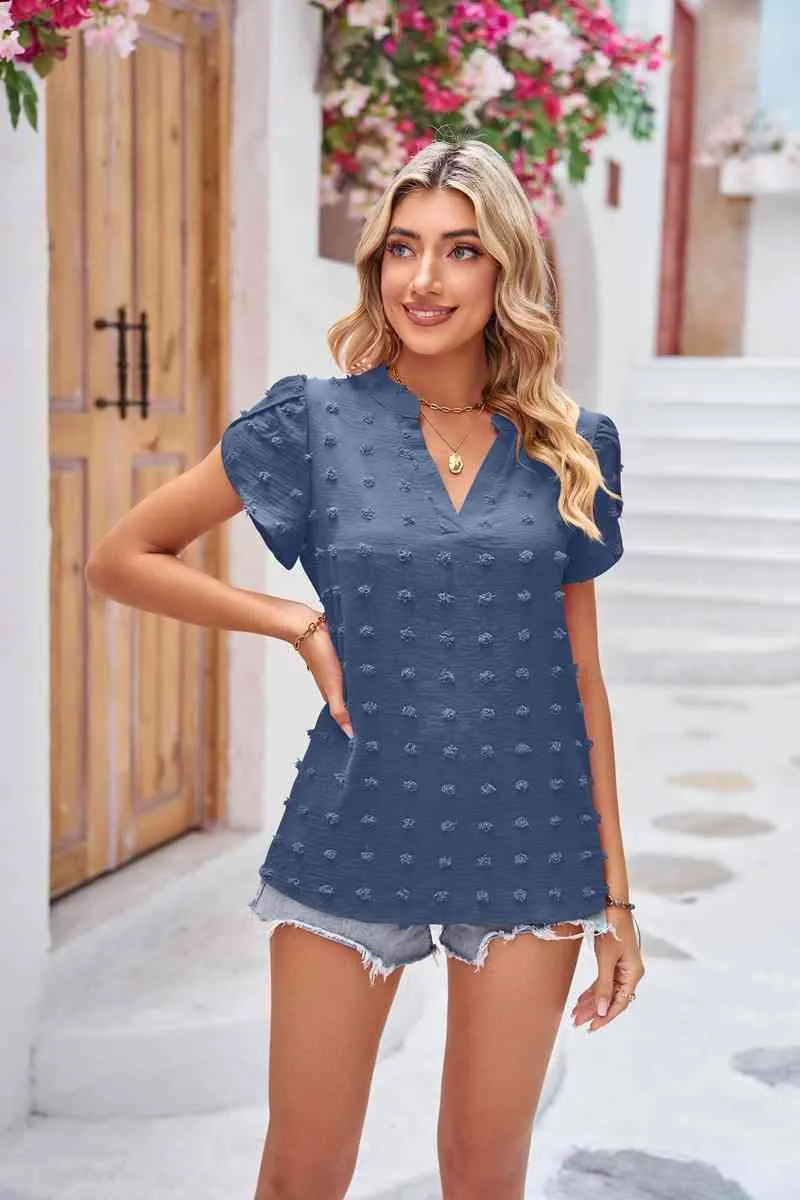 TEEK - Swiss Dot Petal Sleeve Notched Top