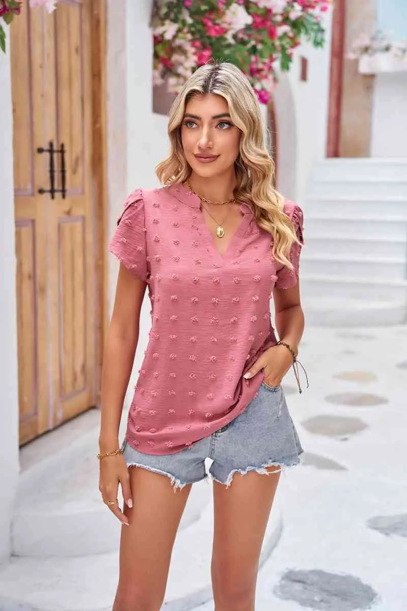 TEEK - Swiss Dot Petal Sleeve Notched Top