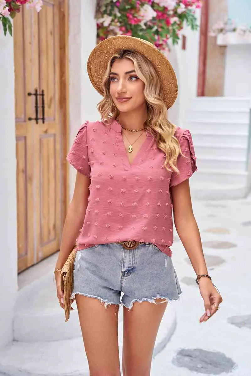 TEEK - Swiss Dot Petal Sleeve Notched Top