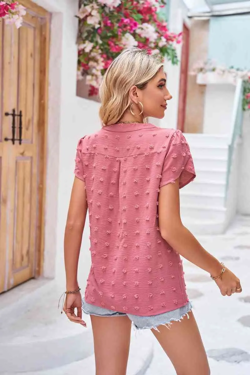 TEEK - Swiss Dot Petal Sleeve Notched Top