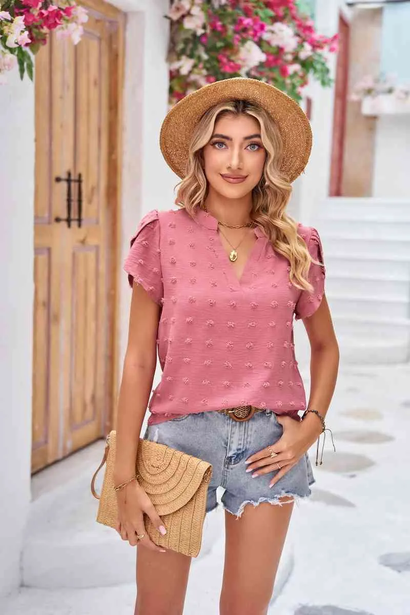 TEEK - Swiss Dot Petal Sleeve Notched Top