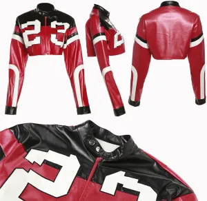VOIKERDR Leather Jacket Cropped Jacket Motorcycle Jacket Y2K Letter Bomber Jacket Women Faux Leather Jacket Streetwear