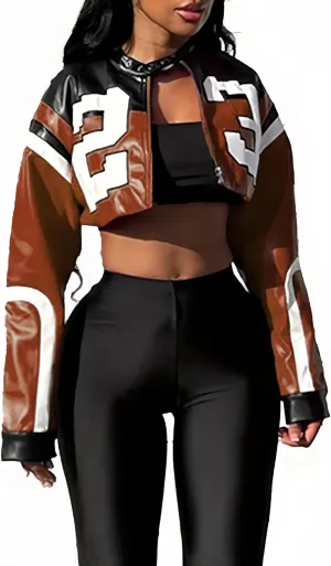 VOIKERDR Leather Jacket Cropped Jacket Motorcycle Jacket Y2K Letter Bomber Jacket Women Faux Leather Jacket Streetwear