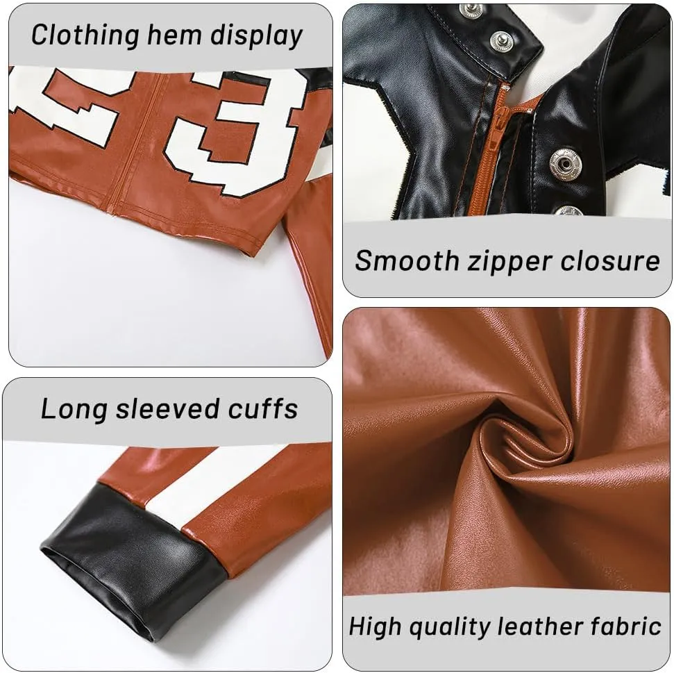 VOIKERDR Leather Jacket Cropped Jacket Motorcycle Jacket Y2K Letter Bomber Jacket Women Faux Leather Jacket Streetwear