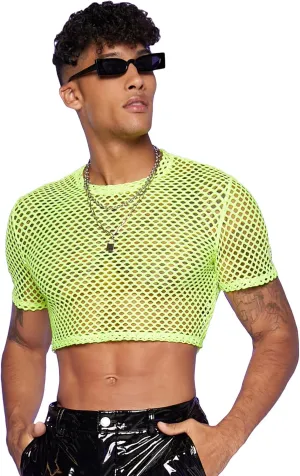 WDIRARA Men's Fishnet Mesh Tee Shirt Round Neck Short Sleeve Crop Top