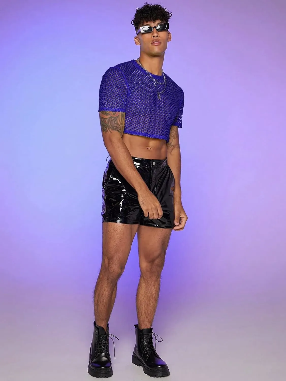 WDIRARA Men's Fishnet Mesh Tee Shirt Round Neck Short Sleeve Crop Top