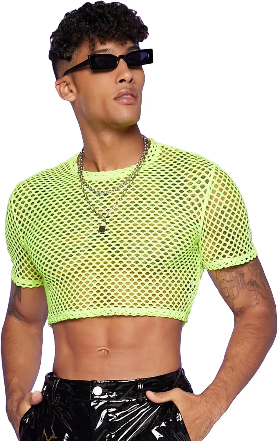 WDIRARA Men's Fishnet Mesh Tee Shirt Round Neck Short Sleeve Crop Top